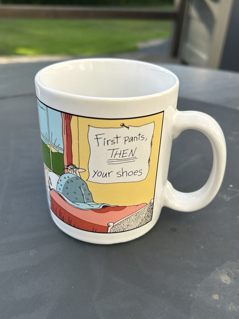 The Far Side Coffee Mug 1983 Vintage Gary Larson “First Pants, Then Your Shoes”